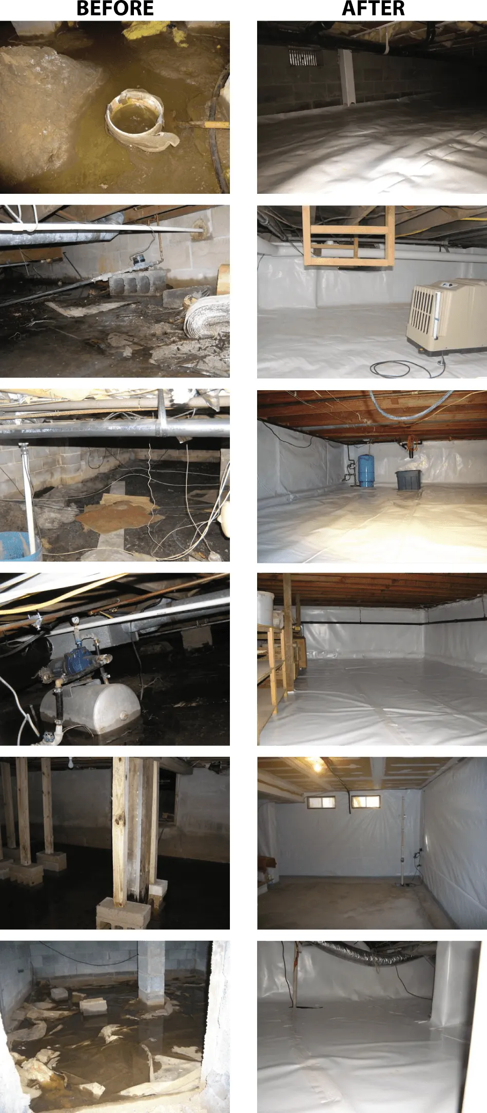 Series of before and after photos of crawl spaces, showing damaged areas and the finished sealed liner
